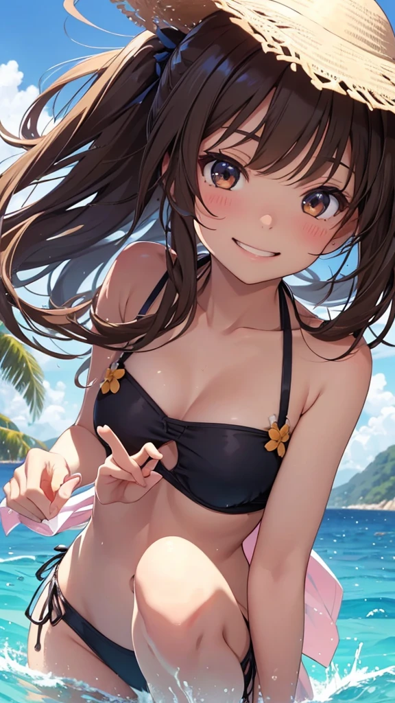 cute, anime, cute, super high quality, Very detailed, 8k, Clarity, girl, Dark brown long hair, Close your eyes and smile,Dance and jump, Summer beach , bikini , water surface, sunny,Draw detailed facial expressions, Close your eyes and smile,Light pours down,