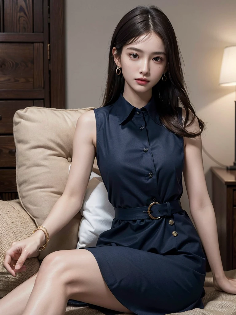 absurdres, RAW photo, extremely delicate and beautiful, masterpiece, Best Quality, ultra high resolution, 32k, hyperrealistic, ultra-detailed, perfect anatomy, anatomically correct, perfect figure, Perfect Style, Perfect balance, super Detailed skin, in her 30s, very Slim body, narrow waist, very small head, very small face, delicate facial features, handsome detailed woman, very detailed eyes and face, realistic face proportions, Realistic beautiful face, Realistic beautiful eyes, tearful mole, earring, very huge round tits, (full body shot:1.2), (whole legs:1.2), medium hair, dark blonde hair, asymmetrical hair, indoor, (collared navy button shirt dress:1.2), (sleeveless:1.2),