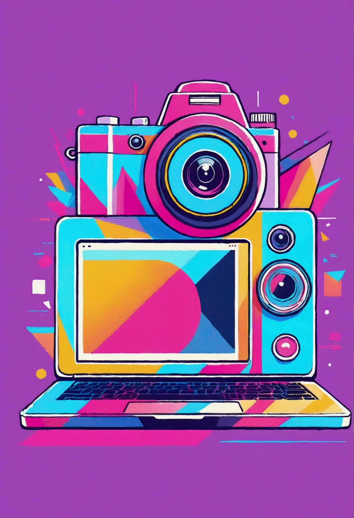 Vibrant and modern 2D flat vector art illustration featuring a sleek, minimalist camera design with clean lines and geometric shapes, with a focus on a professional graphic design aesthetic, ideal for a colorful t-shirt design, employing a bold and playful color palette with pastel hues, where the laptop's outline is neatly defined, and the overall composition is carefully balanced to create a visually appealing and striking graphic, with a smooth, glossy finish, and no mockup or 3D realistic elements, solely relying on the flat vector art style to convey a sense of simplicity and elegance.