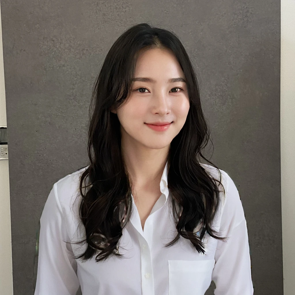 Best Quality, 8k, Masterpiece, (Portrait: 1.3), (photo realistic:1.4), (hyper realistic:1.4), Sharp Focus, looking at viewer, (smoother lighting:1.1), (increase cinematic lighting quality:0.9), realistic lighting, backlighting, light on face, ray trace, (brightening light:1.2), (Increase quality:1.4), sharp detail, (best quality real texture skin:1.4), finely detailed eyes, black_eyes, finely detailed face, 25 year old Korean woman, (white formal_shirt:1.4), (Create an image maintaining the original base model hairstyle:1.5)