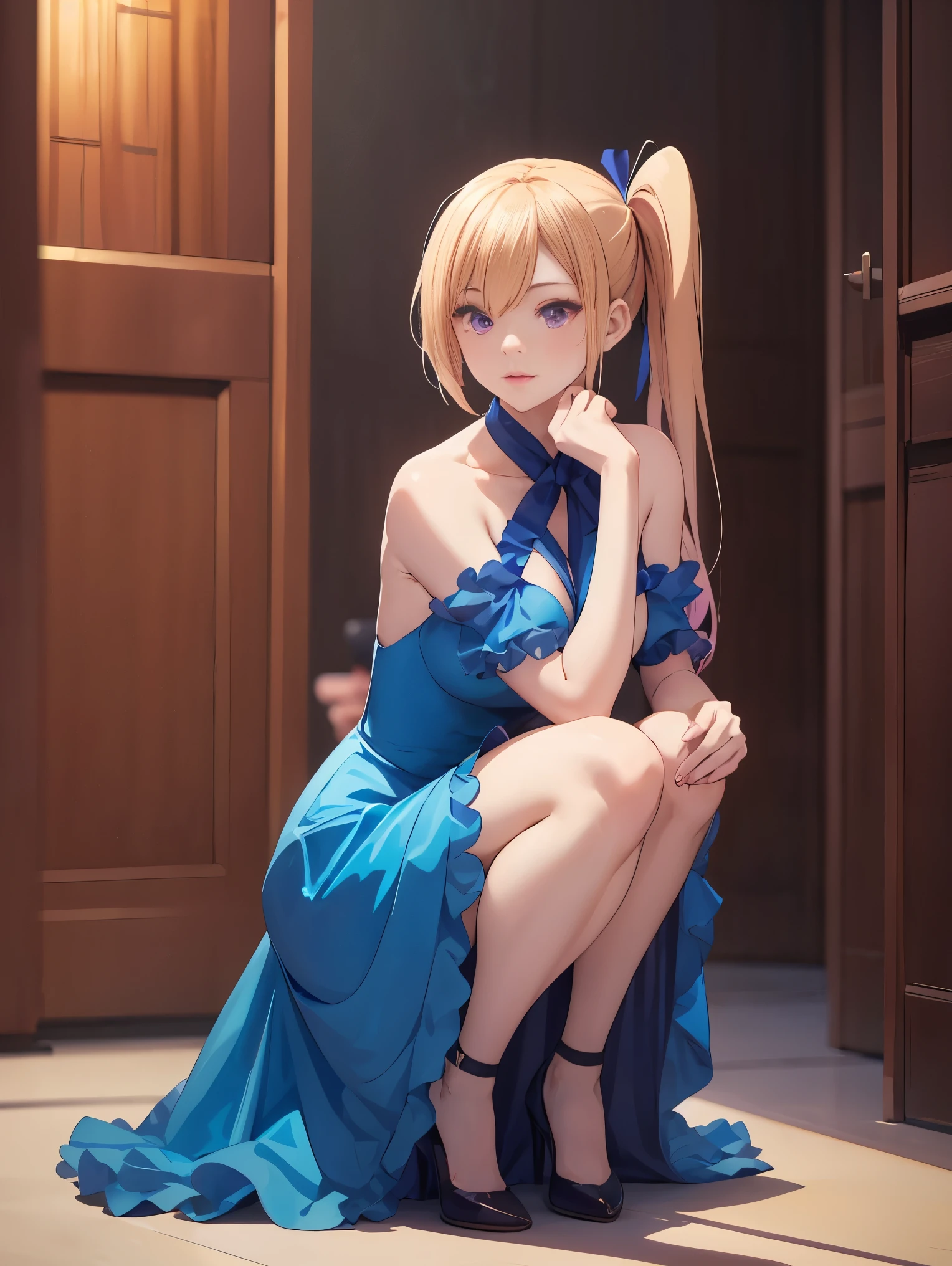 there is a woman in a blue dress and white ,a portrait inspired by Leng Mei, pixiv, rococo, anime girl cosplay, anime cosplay, ahri from league of legends, ahri, cosplay, full body xianxia, cosplay photo, the anime girl is crouching, anime goddess, elegant glamourous cosplay, cosplayer, 1girl, kawakami_mai, blonde hair, long hair, side ponytail, purple eyes, 