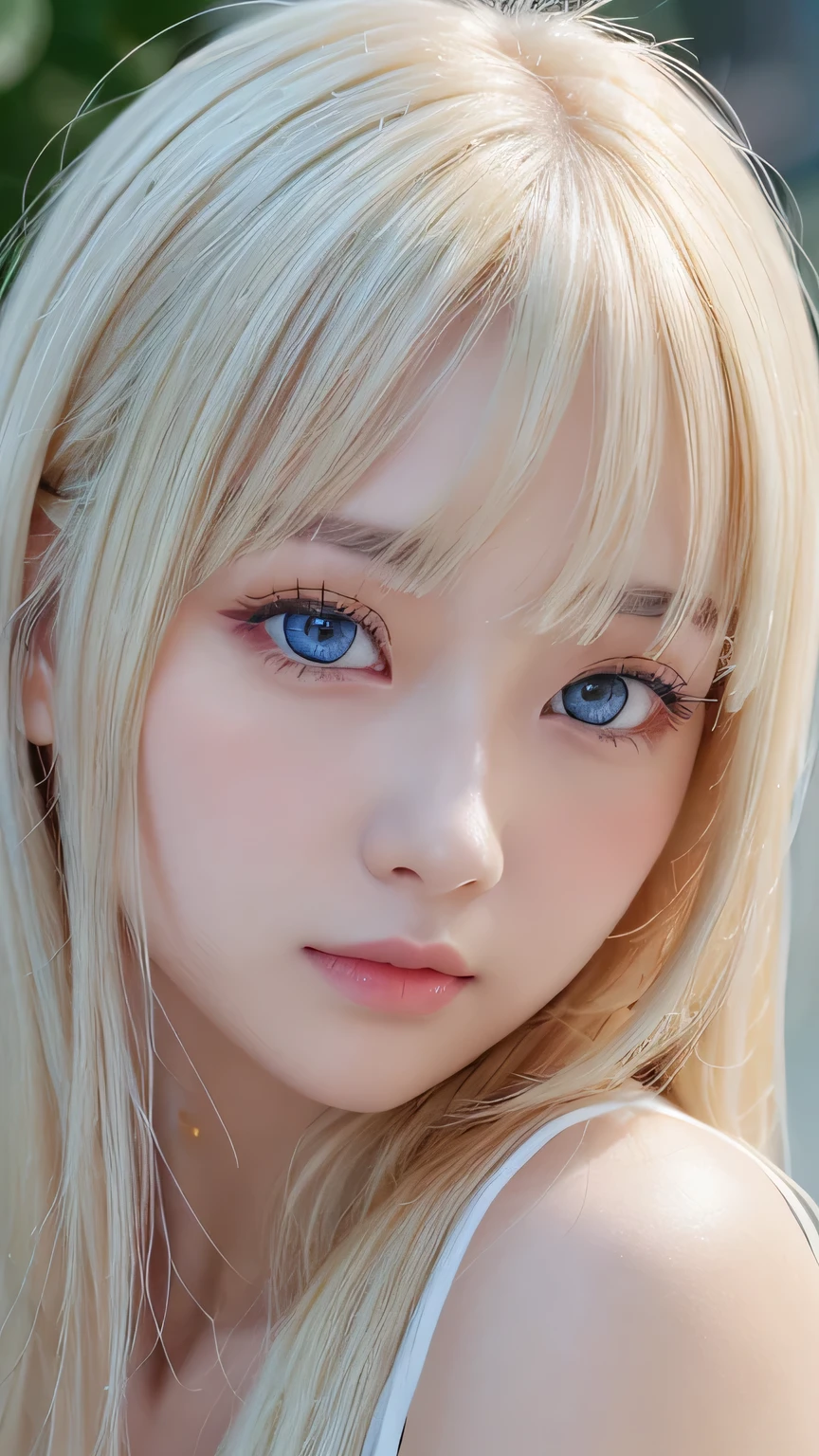 (Close-up:1.4)、(RAW shooting:1.2)、(Photorealistic:1.4)、(masterpiece:1.3)、(Highest quality:1.4)、Bright expression、Very beautiful girl、An exceptionally beautiful girl、Cute and beautiful face details、Beautiful Bangs、Radiant, fair, glowing skin、Facial hair、Bangs that reach the face、Bangs between the eyes、Super long hair、Super long, straight, silky hair with a striking platinum blonde hue、Thin Hair、Attractive shining beautiful bright clear light blue big eyes、one piece、eyeliner、double eyelid、Ample Bust、Upper Body、
