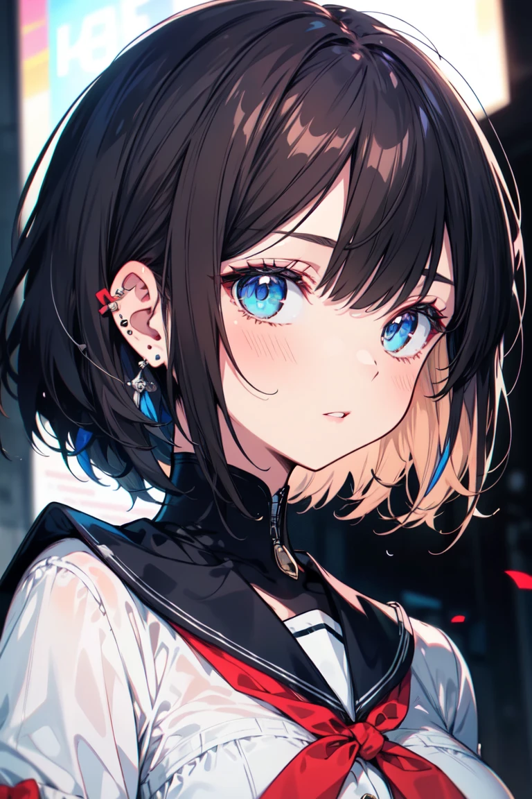 (best quality), (Super detailed), (Best Illustration), (masterpiece), score_9, score_8_up, score_7_up, (4k), (1woman), (white serafuku), (large breasts), {brown hair, (sideburns), (bob cut:1.3), curly hair, hairs between eyes, colored inner hair}, blue eyes, parted lips, expressionless, blush, earring,
