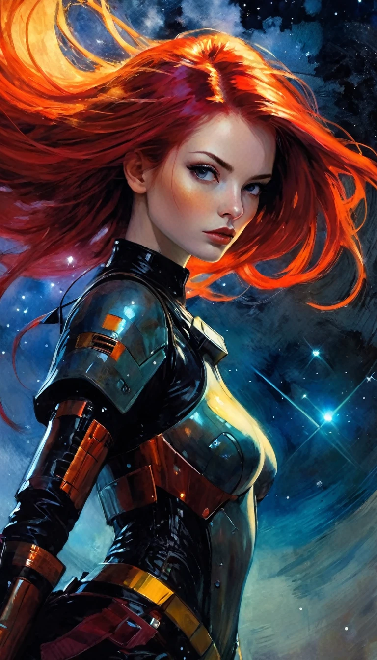 ((Best quality, 8k, Masterpiece: 1.3)), Sharp focus: 1.2, portrait, small breasts, A beautiful, adult cyberpunk red-haired woman in cyberpunk armor: 1.2, very long red hair flying around the image, very small breasts, ((Layered haircut, red hair, very long flowing hair, )), ((dark scene)), ((dim light)) skyscape, Stars and nebulae, Bright moonlight, Exploring the Cosmos (art inspired by Bill Sienkiewicz). oil painting)