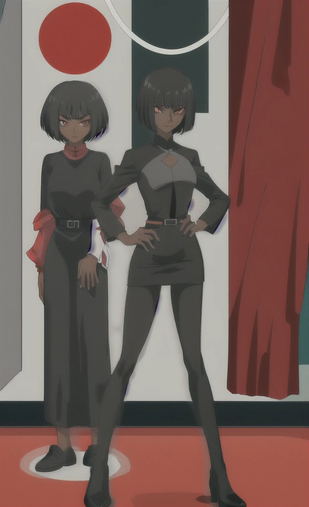 90s grown tall skinny evil black skinned women with short black hair wearing black and red dress full body