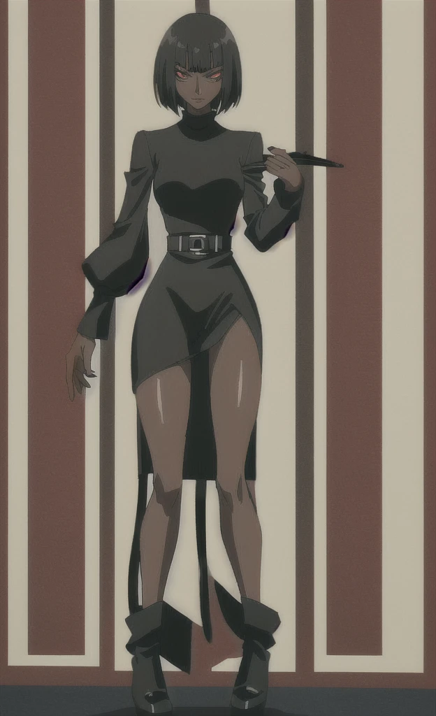 90s grown tall skinny evil black skinned women with short black hair wearing black and red dress full body