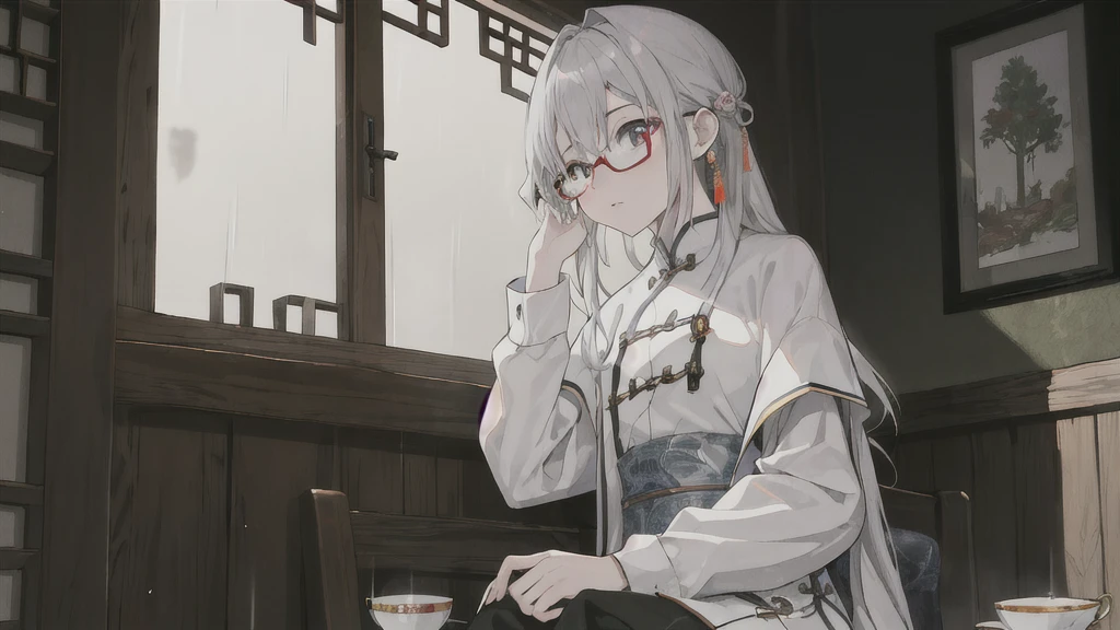 8K,high resolution,absurd,masterpiece,best quality,Original,Extremely detailed CG,Extremely detailed wallpaper,Perfect lighting,1 girl,Fuzzy_background，rain，Melancholy，calm，Haggard，Lean against the window，Beautiful picture，Tea，Glasses，random，Comfort，Sitting，bust，Chinese，Chinese style