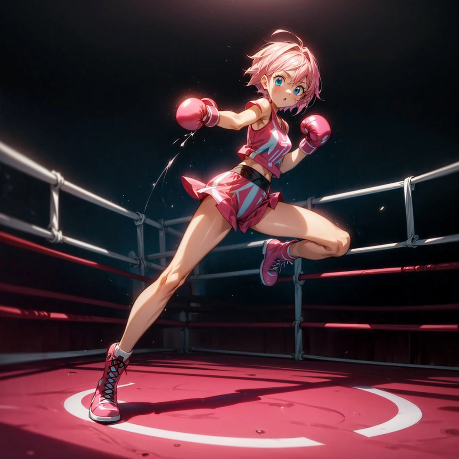 1girl, Full body version, 1character, blue eyes, short haircut, pink color hair, boxing style outfit, Boots, Grassroots, full background in ring boxing, motion blur, (Hunter x Hunter style art), battle gesture, Boxing gloves