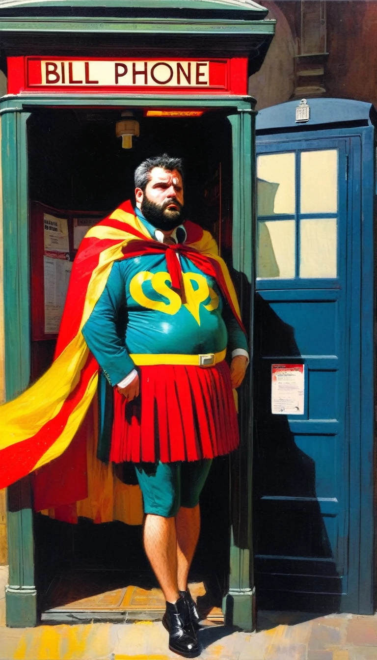 He is a superhero, an adult man with a cape and the colors of Spain with a very effeminate tutu, comic type, short black hair and beard, fat with a big belly, disheveled appearance, he changes clothes in a telephone booth very clumsily. typical English. spanish flag color suit (art inspired in Bill Sienkiewicz). oil painting)