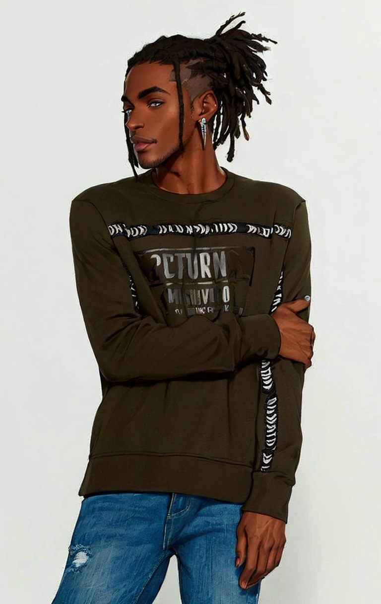 (masterpiece:1.2), (best quality), (ultra detailed), (8k, 4k, intricate),(half-body-shot:1), (highly detailed:1.2),(detailed background:1.2),((dark skin, handsome face,lips)) An man with dreadlocks wearing a dark brown sweatshirt and jeans, street clothing, casual clothing, silver earrings