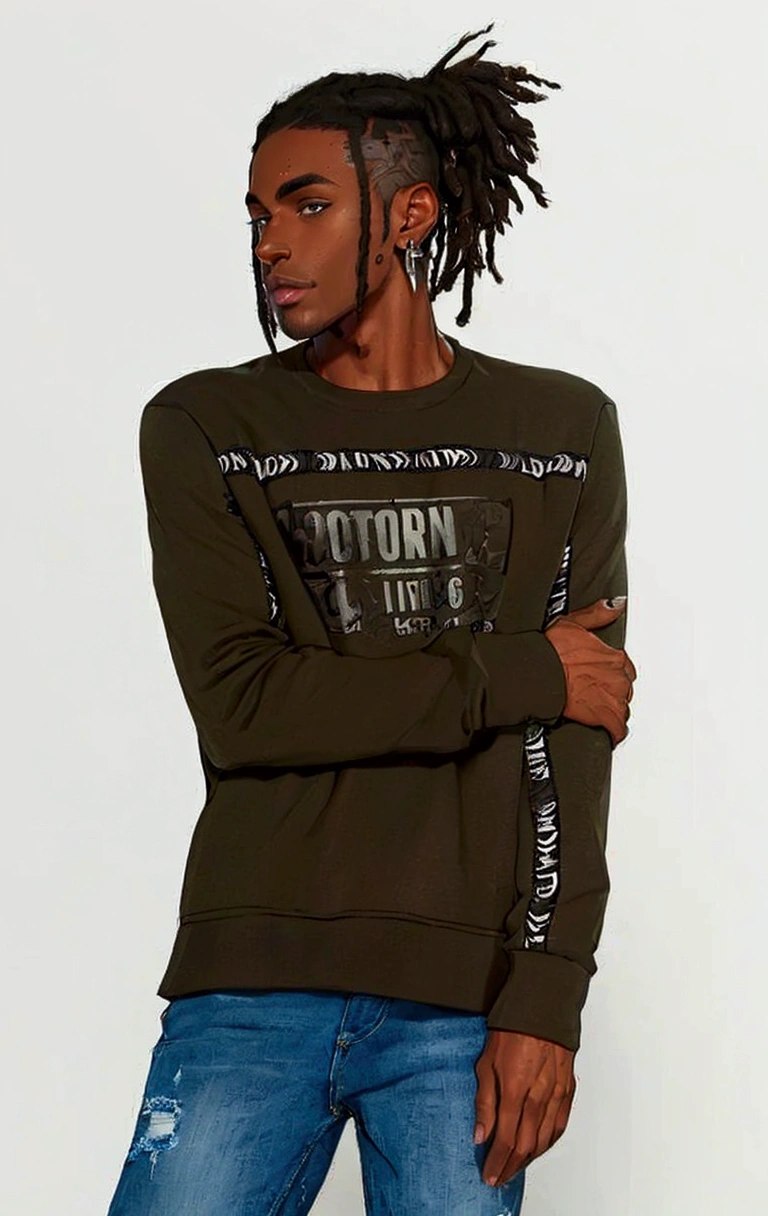 (masterpiece:1.2), (best quality), (ultra detailed), (8k, 4k, intricate),(half-body-shot:1), (highly detailed:1.2),(detailed background:1.2),((dark skin, handsome face,lips)) An man with dreadlocks wearing a dark brown sweatshirt and jeans, street clothing, casual clothing, silver earrings