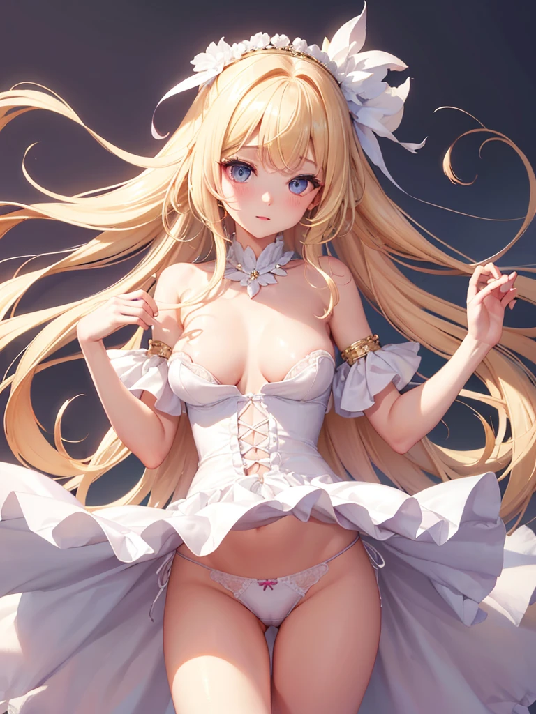 bare 、(satin、silk、(White pantiesest quality, Super Fine, 16K, Incredibly absurd, Very detailed, Beautiful and cute woman, shy, Big, bright eyes, Blonde double-sided princess hairstyle, Princess-like pink ruffled long flare skirt dress, Simple color background