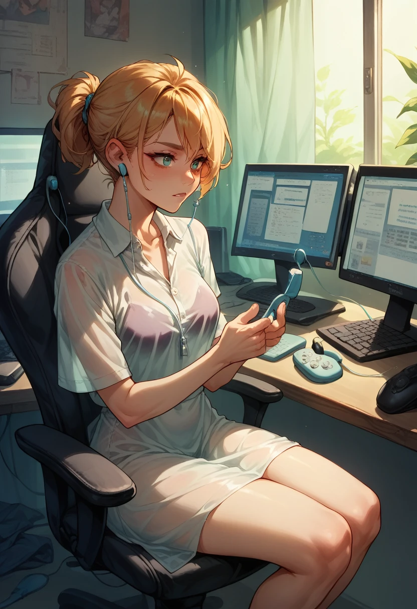 ((1 girl wearing a transparent dress,earbuds, typing)), in your room, sitting on the gaming chair, (computer),