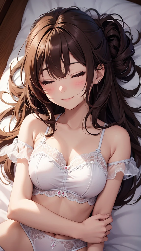 cute, anime, cute, super high quality, Very detailed, 8k, Clarity, girl, Dark brown long hair, Close your eyes and smile,Lying on the bed ,underwear ,Draw detailed facial expressions, Close your eyes and smile,Light pours down,Body pillow