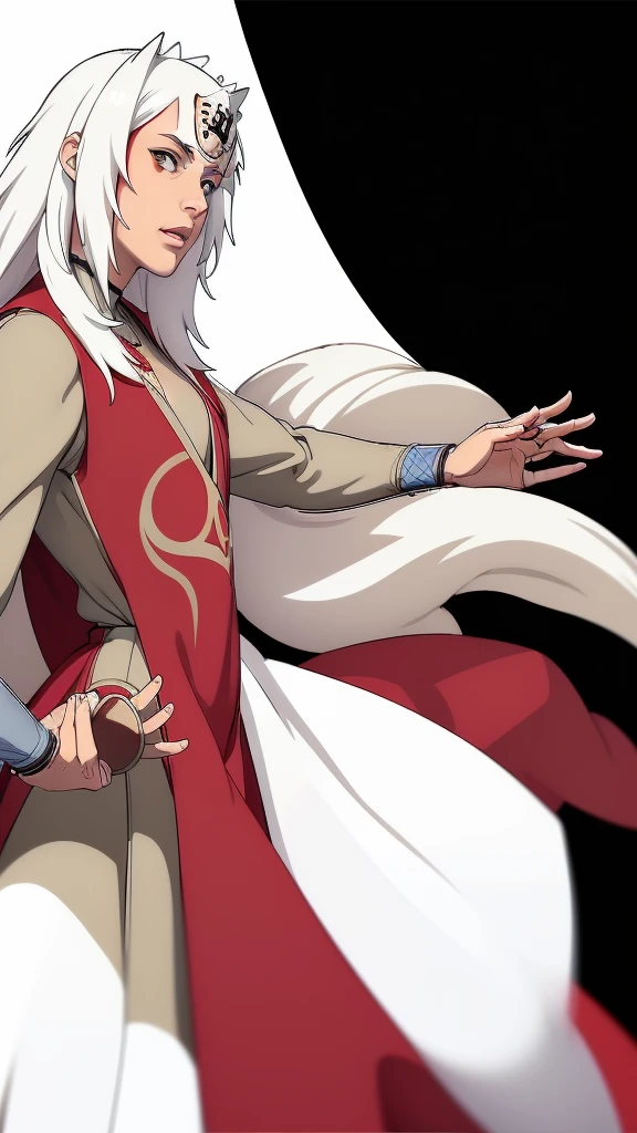 (（（Perfect body,White and tender skin,（（（Wearing a red coat with brown clothes inside, wooden clogs on feet, ninja protective gear on both hands, and a large scroll hanging behind them）））,（（（Jiraiya，Wearing forehead protectors, long white hair, and red marks under the eyes,）））,((masterpiece)),high resolution, ((Best quality at best)),masterpiece,quality,Best quality,（（（ Exquisite facial features,Looking at the audience,There is light in the eyes）））,）））,（（（Light and shadow,）））,（（（Looking at the camera,black background,)））)