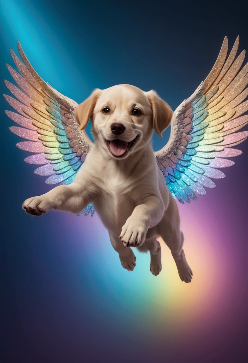 (Flying Puppy), y2k style, a multi-colored palette with holographic colors and in the background. The image has a glittery and shiny quality, in the style of retro photography, film, color negative, full body, award-winning, cinematic still, emotional, vignette, dynamic, vivid, (masterpiece, best quality, Professional, perfect composition, very aesthetic, absurdres, ultra-detailed, intricate details:1.3)