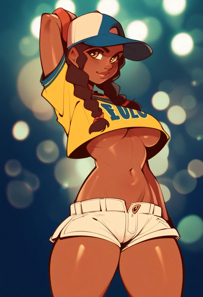 score_9, score_8_up, score_7_up, score_6_up, Character concept art of a dark skinned woman, twin braids, yellow crop top, khahki shorts, underboob, baseball cap, fashionable, high detail establishing shot. cinematic, bokeh, use of color theory
