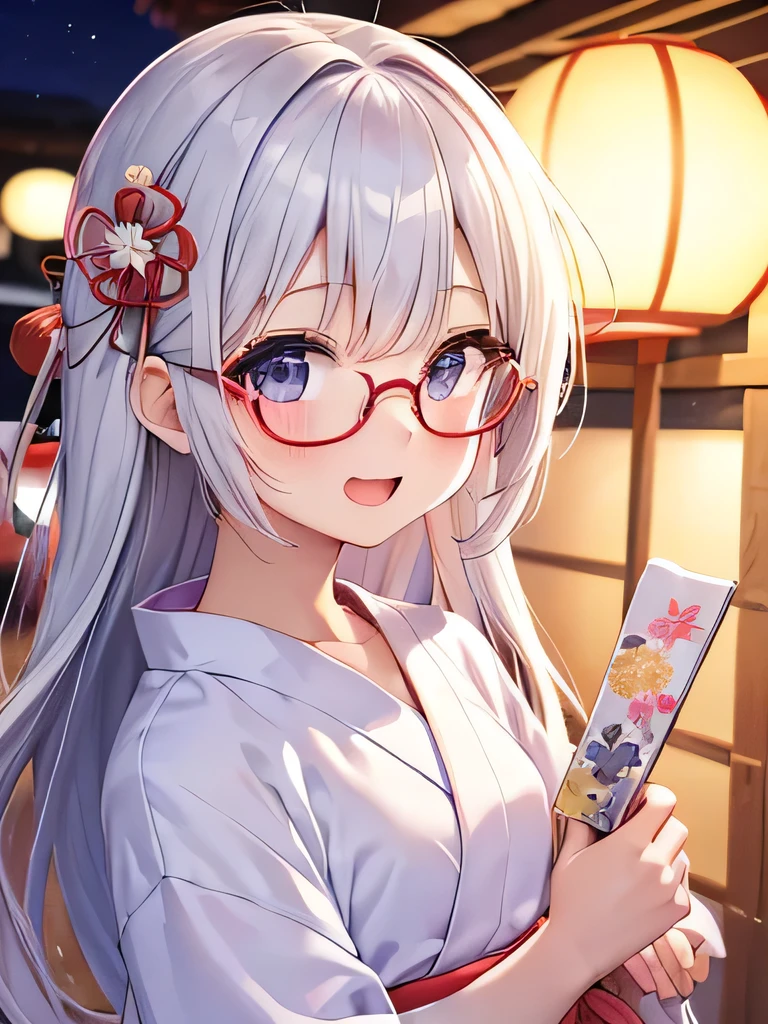 cute、White of the eyes Hair、Long Hair、Japanese、Staring at this、Fleeting、masterpiece、Vivid、yukata、Laughter、kind、turn around，summer，Round Lens Glasses，yukata，night，festival，yukata