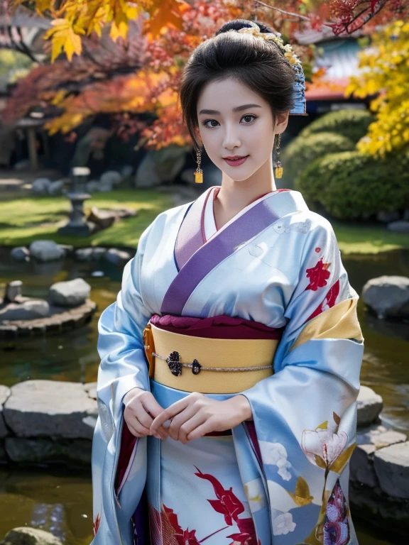 (Highest quality、 8k 、masterpiece、High resolution)、 Japanese painting、Vibrant colors、A woman wearing a kimono、Ample breasts、Hands on chest、(Highly detailed face and eyes,Beautiful Face,Beautiful Eyes,Beautiful nose,Pretty lips)、Dynamic painting technique、Japanese garden、Autumn scenery、autumn leaves、Starry Sky、Detailed Description、