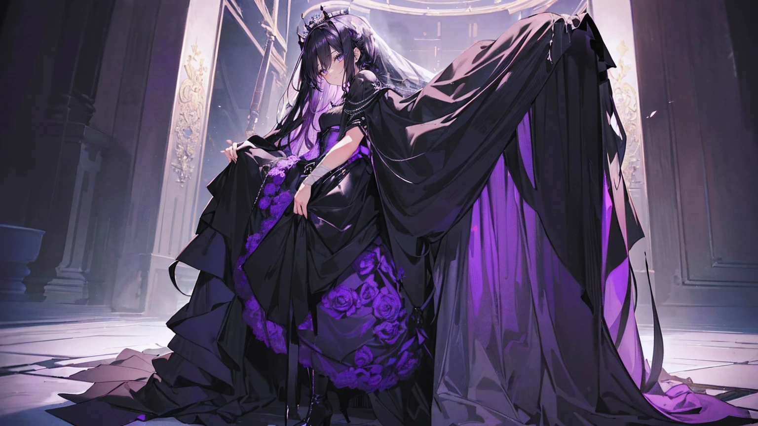 (Super detailed)),((illustration)),((masterpiece)),(((need))),((fine、Highest quality CG Unity 8K wallpapers,masterpiece),((4K,masterpiece,best quality)),Black hair queen,Waist-length hair,Royal sister,Sexy,Tall figure,Lilac eyes,Standing upright in a coffin,mummy,The whole body is wrapped in bandages,Limbs wrapped in bandages,There is a coffin beside him,Mature,Hair Bunch,Hair tied on both sides,Black and purple French vintage clothing,Gorgeous pure black cape,Black veil,Purple-white halo,Black purple boots,Wearing a crown on the head,Holding a knight's sword,pyramid,Emitting dim purple light,Brilliant palace,Mysterious symbols,individual,Emit a dim light,Full body picture