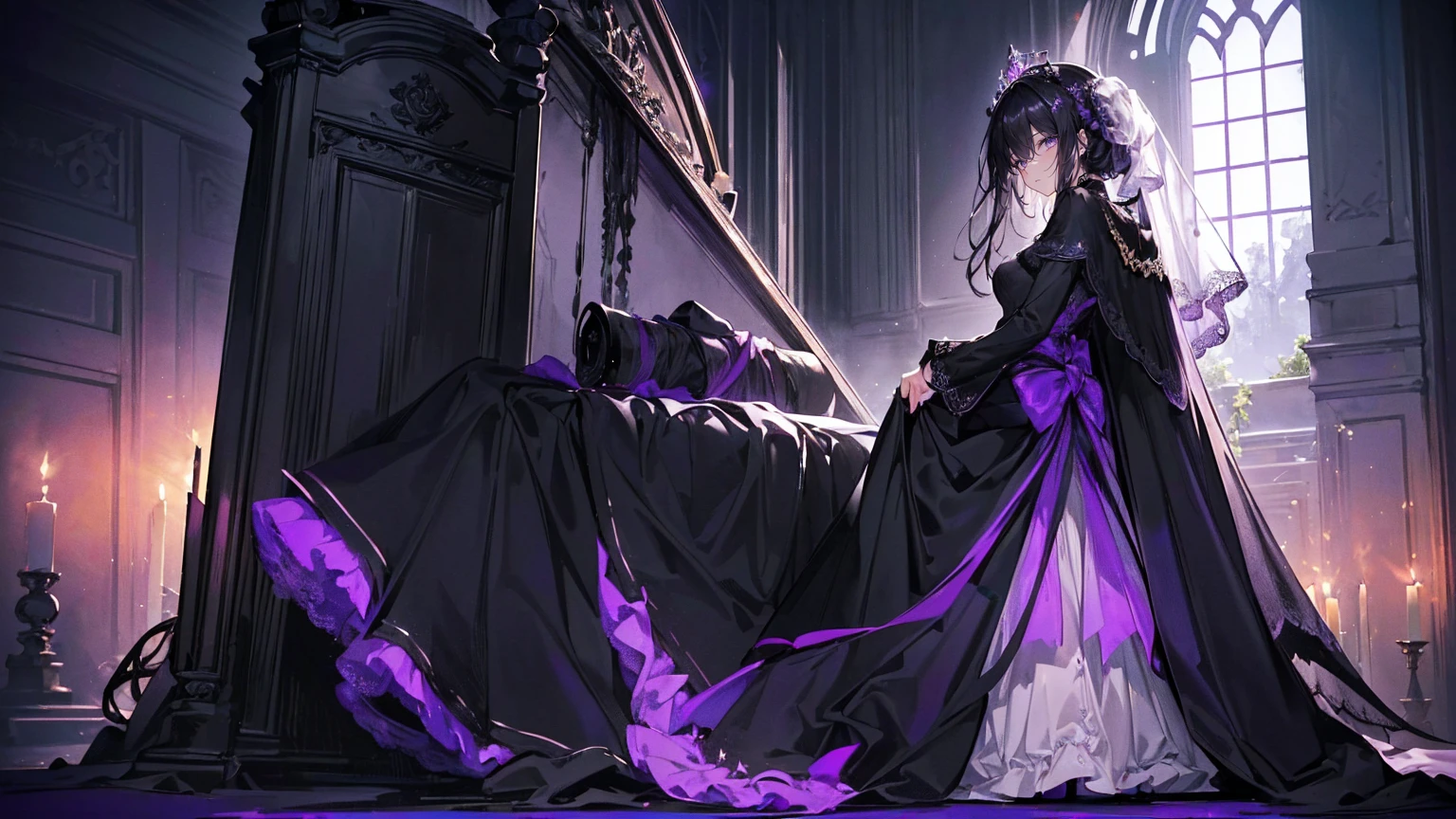 (Super detailed)),((illustration)),((masterpiece)),(((need))),((fine、Highest quality CG Unity 8K wallpapers,masterpiece),((4K,masterpiece,best quality)),Black hair queen,Waist-length hair,Royal sister,Sexy,Tall figure,Lilac eyes,Standing upright in a coffin,mummy,The whole body is wrapped in bandages,Limbs wrapped in bandages,There is a coffin beside him,Mature,Hair Bunch,Hair tied on both sides,Black and purple French vintage clothing,Gorgeous pure black cape,Black veil,Purple-white halo,Black purple boots,Wearing a crown on the head,Holding a knight's sword,pyramid,Emitting dim purple light,Brilliant palace,Mysterious symbols,individual,Emit a dim light,Full body picture