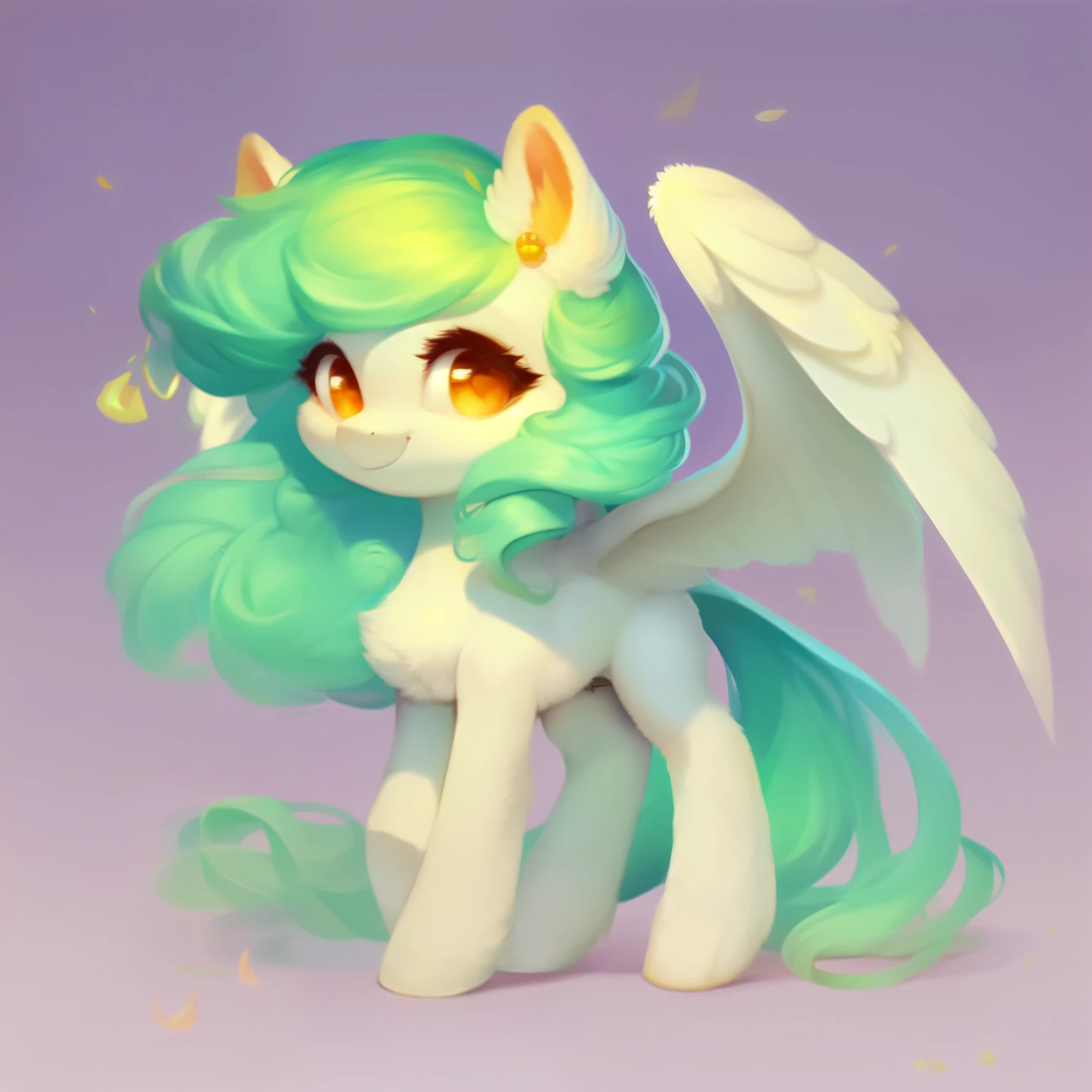 rating_safe, score_9, fluffy, a child , a little pegasus pony with spread wings. She had white skin, a light green mane, long mane,a happy smile, and innocent and clear golden eyes. happily,Childlike innocence。only 2 wings。She is a spiritually curious child。whole body,fly