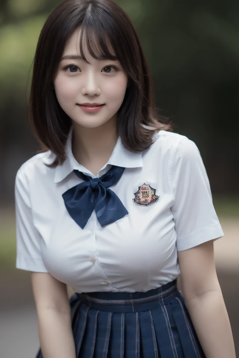 (Highest quality,masterpiece,Super detailed,8k,RAW Photos,Realistic,High resolution:1.2),(Cute Japanese Girl),(Super huge boobs:1.4),(Light brown hair),(school uniform,White collared shirt,Pleated skirt:1.4),(Sensual:1.4),(Shoulder length),(A light smile),(Chubby:1.4)