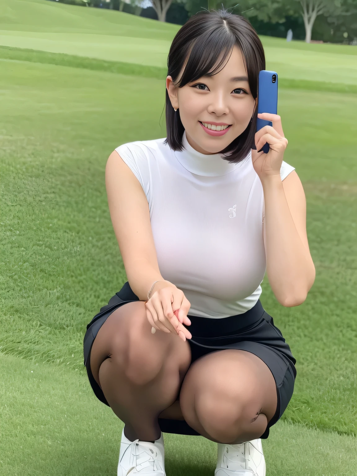 Highest quality、8k、masterpiece、Ultra-high resolution、Clear photos、Professional Lighting、Natural light、Realistic,、Highly detailed skin、Perfect Anatomy、One Woman、30 years old、:1.4、Large Breasts、(Large areola)、Large erect nipples:1.6、Glamour、Short Bob:1.4、Black Hair、Beautiful Hair、Thin legs、smile、Embarrassed expression、Golf Wear、(Sleeveless knit:1.1)、(Perfect Pantyhose:1.2)、Black Pantyhose、(Blue turtleneck)、(White tight skirt)、Micro Mini Skirt、At the golf course、Crouched down to play golf、Squat with your legs apart、Exposed thighs