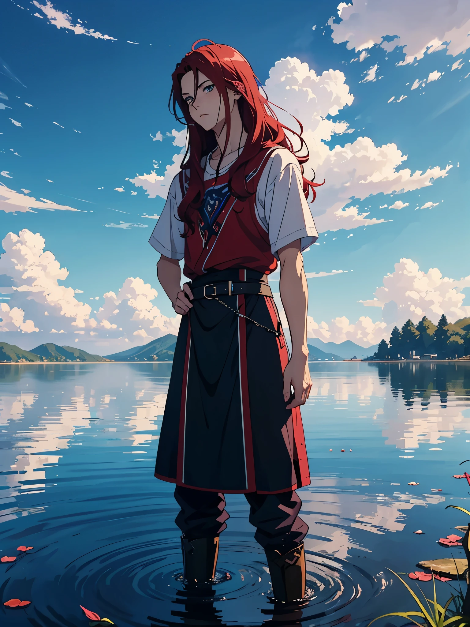 More anime style. blue flames. 2d. flatter. anime style. Viking clothing. soft. More anime. Standing in a lake. More anime. More 2d. Clean. More anime. 2d. Glow. Red hair. More anime. male. Long hair. long red hair. boy, vikings. red hair. Blue eyes. fire.