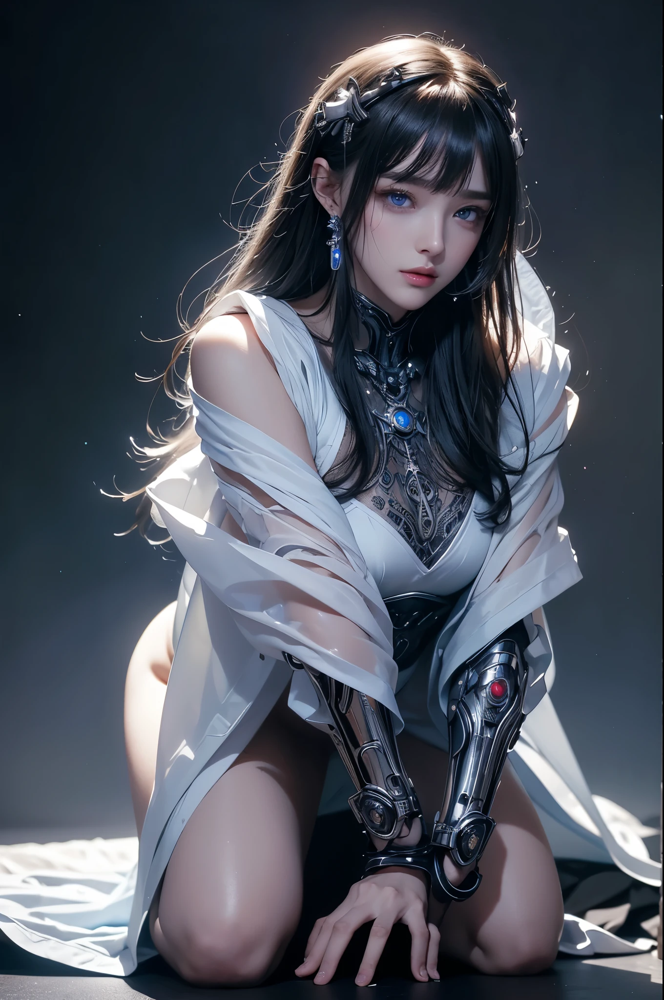 masterpiece, Highest quality, Very detailed, To the camera, 複雑に詳細なVery detailed, Realistic, Sharp features, Very detailed, Sharp focus, Perfect Face, Perfect Face, Perfect symmetry and perfect eyes, Perfect Plump Lips, Flexible female form, Cinematic, Film Light, Very detailed, hyper Realistic, masterpiece, Atmospheric, High resolution, Vibrant, Dynamic Studio Lighting, ((Dark Background)), The expression when enduring pleasure, Straight bangs, blue eyes,Kneeling with hands on crotch、Butt、Sexually aroused expressions、No clothes、NSFW,((top quality、8k、masterpiece:1.3))Wears a silver-white mech,girl with delicate face,Highest image quality,Ultra-clear,Delicate and clear facial features,end of the world,Mechanical arm,Exquisitely detailed mechanical pattern,Cyberpunk characters、numbercity、number、century、throne