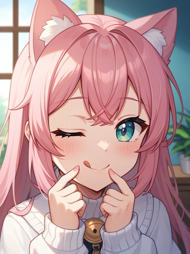 Adult, Female, long pink hair, winking, smiling, tongue out, vtuber, otaku bedroom, Masterpiece, Accurate, Anatomically Correct, Best Quality, High Details, Detail, Super Detailed, Best detail, Perfect detail, Amazing detail, [-3, 3], perfect hands, best hands, best fingers, perfect fingers, perfect body, best body, amazing body, Looking at viewer, front facing, upper body shot, Cat Ears, Close-Up, 