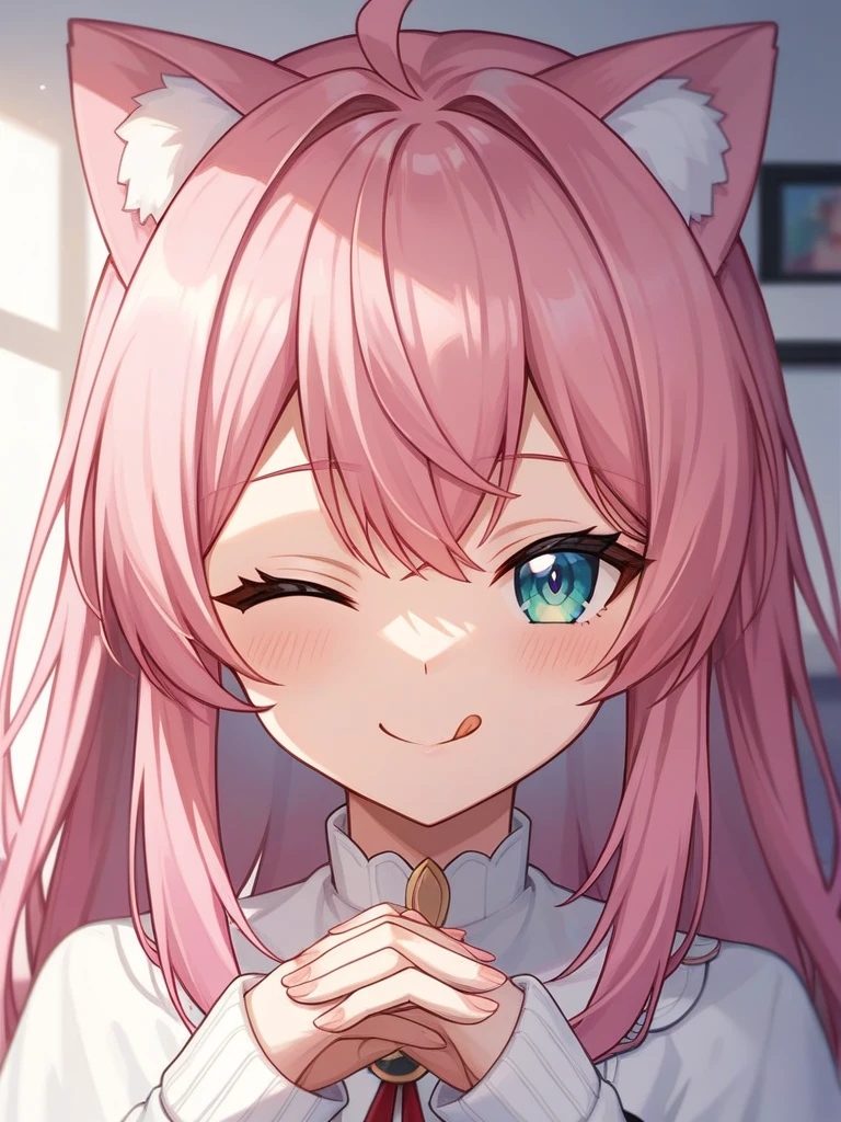 Adult, Female, long pink hair, winking, smiling, tongue out, vtuber, otaku bedroom, Masterpiece, Accurate, Anatomically Correct, Best Quality, High Details, Detail, Super Detailed, Best detail, Perfect detail, Amazing detail, [-3, 3], perfect hands, best hands, best fingers, perfect fingers, perfect body, best body, amazing body, Looking at viewer, front facing, upper body shot, Cat Ears, Close-Up, 