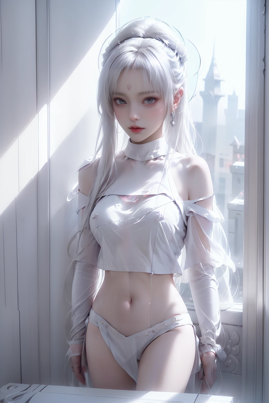 ((Woman Standing On Balcony Of Old Castle))1.3)、(Neon Light:0.1)、(nffsw:0.1)、Accent lighting、((Out of the window、 Hazy skyscrapers))、(nipple)、(Puffy eyes:1.2)、(slimな脚)、(Light on face and chest)、Are thin、 ((The underside of the chest is slightly visible))、(I can see under my chest、Belly button and ribs visible)(Pull up your skirt)、((White thong panties are visible)),Highest quality works、actual work、Ultra Premium Graphics、8K HD CG Works、High quality graphics、High-definition CG works、10x pixels、Ultra-fine detail:1. 1、High technical level:1.1 PhotoGenuine、Natural light:1. 5、Light effects(Virtual Light effects:1.8)、((Straight Van、Princess Van))、((Very heavy、Volume Bang:1.1)、((very long、Very heavy、Very voluminous side locks:1. 1)、Hime cut、Straight bangs、Bangs straight、(masterpiece、Highest quality:1.5)、(ultra detailed 8k cg:1.4)、(超Realistic:1.25)、(Genuine:1.1. 4)、((Golden white hair))、Thin eyebrows、High nose、Nice red lips、Rosy Cheeks、Delicate makeup face、Cute Face、Perfectly balanced face、()、Light-colored foundations enhance the clarity of your skin.., 40k、photograph、、Highest quality、(1. Beautiful Eyes、Light Hair、White skin、Mr.. Escape.々Pause、((Mid-chest、:1.1))、Highest quality、Tabletop、Ultra-high resolution、(Genuine:1.4)、RAWphotograph、(Perfect figure)、(slim、:1.3)。 3)、slimな腹部、(Girl standing on the balcony of an old castle),((masterpiece:1.5、8k、Portraiture、フォトリアリスティックでVery detailedなCG、Very detailed、Particle Effects、Dynamic Effects、Written boundary depth、Cinematic Light、Lens flare、Ray Tracing、Tabletop、Realistic:1.4、Ultra-high resolution:1.2、Realistic、Realistic,((alone)、(White semi-transparent off-the-shoulderTshirt women:1.4)、(Black tight mini skirt)モデル風のPause:、Side bust、(Medium sized breasts)、Detailed face、Bright expression、young, Brighter, よりWhite skin、Best Looks、Ultimate beauty、White hair with shiny highlights:1.8、bright and shiny hair,、Super long, Silky straight hair、Hair swaying in the wind))(Puffy eyes:1.2)、(slimな脚)、(Light on face and chest)、(((((Underboob)))))、Lower chest、Oily skin、Are thin、 (The underside of the chest is slightly visible)、(I can see under my chest、Belly button and ribs visible)、The hips and lower abdomen are visible、(Pull up your skirt)、