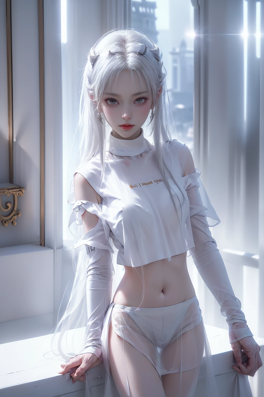 ((Woman Standing On Balcony Of Old Castle))1.3)、(Neon Light:0.1)、(nffsw:0.1)、Accent lighting、((Out of the window、 Hazy skyscrapers))、(nipple)、(Puffy eyes:1.2)、(slimな脚)、(Light on face and chest)、Are thin、 ((The underside of the chest is slightly visible))、(I can see under my chest、Belly button and ribs visible)(Pull up your skirt)、((White thong panties are visible)),Highest quality works、actual work、Ultra Premium Graphics、8K HD CG Works、High quality graphics、High-definition CG works、10x pixels、Ultra-fine detail:1. 1、High technical level:1.1 PhotoGenuine、Natural light:1. 5、Light effects(Virtual Light effects:1.8)、((Straight Van、Princess Van))、((Very heavy、Volume Bang:1.1)、((very long、Very heavy、Very voluminous side locks:1. 1)、Hime cut、Straight bangs、Bangs straight、(masterpiece、Highest quality:1.5)、(ultra detailed 8k cg:1.4)、(超Realistic:1.25)、(Genuine:1.1. 4)、((Golden white hair))、Thin eyebrows、High nose、Nice red lips、Rosy Cheeks、Delicate makeup face、Cute Face、Perfectly balanced face、()、Light-colored foundations enhance the clarity of your skin.., 40k、photograph、、Highest quality、(1. Beautiful Eyes、Light Hair、White skin、Mr.. Escape.々Pause、((Mid-chest、:1.1))、Highest quality、Tabletop、Ultra-high resolution、(Genuine:1.4)、RAWphotograph、(Perfect figure)、(slim、:1.3)。 3)、slimな腹部、(Girl standing on the balcony of an old castle),((masterpiece:1.5、8k、Portraiture、フォトリアリスティックでVery detailedなCG、Very detailed、Particle Effects、Dynamic Effects、Written boundary depth、Cinematic Light、Lens flare、Ray Tracing、Tabletop、Realistic:1.4、Ultra-high resolution:1.2、Realistic、Realistic,((alone)、(White semi-transparent off-the-shoulderTshirt women:1.4)、(Black tight mini skirt)モデル風のPause:、Side bust、(Medium sized breasts)、Detailed face、Bright expression、young, Brighter, よりWhite skin、Best Looks、Ultimate beauty、White hair with shiny highlights:1.8、bright and shiny hair,、Super long, Silky straight hair、Hair swaying in the wind))(Puffy eyes:1.2)、(slimな脚)、(Light on face and chest)、(((((Underboob)))))、Lower chest、Oily skin、Are thin、 (The underside of the chest is slightly visible)、(I can see under my chest、Belly button and ribs visible)、The hips and lower abdomen are visible、(Pull up your skirt)、
