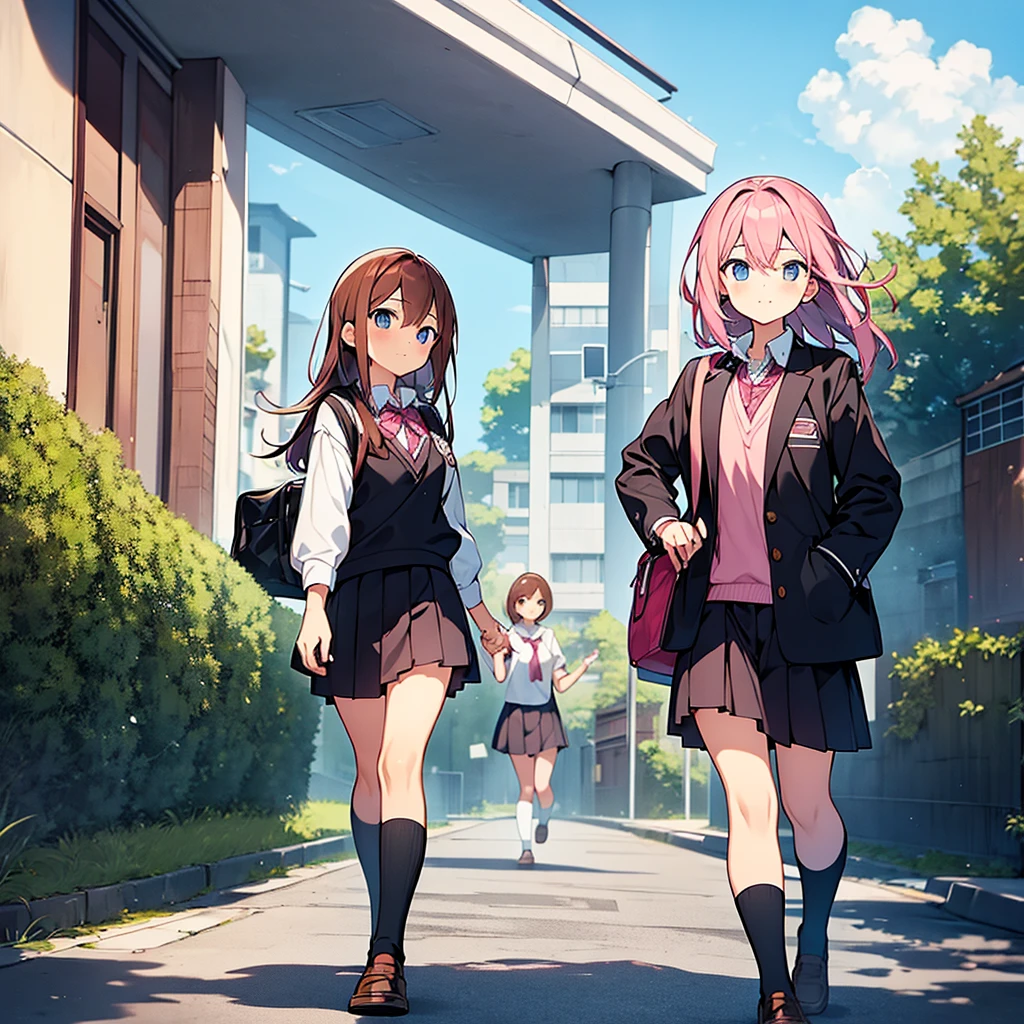 The girl has pink hair and school clothes And the girl has brown hair and school clothes walk home