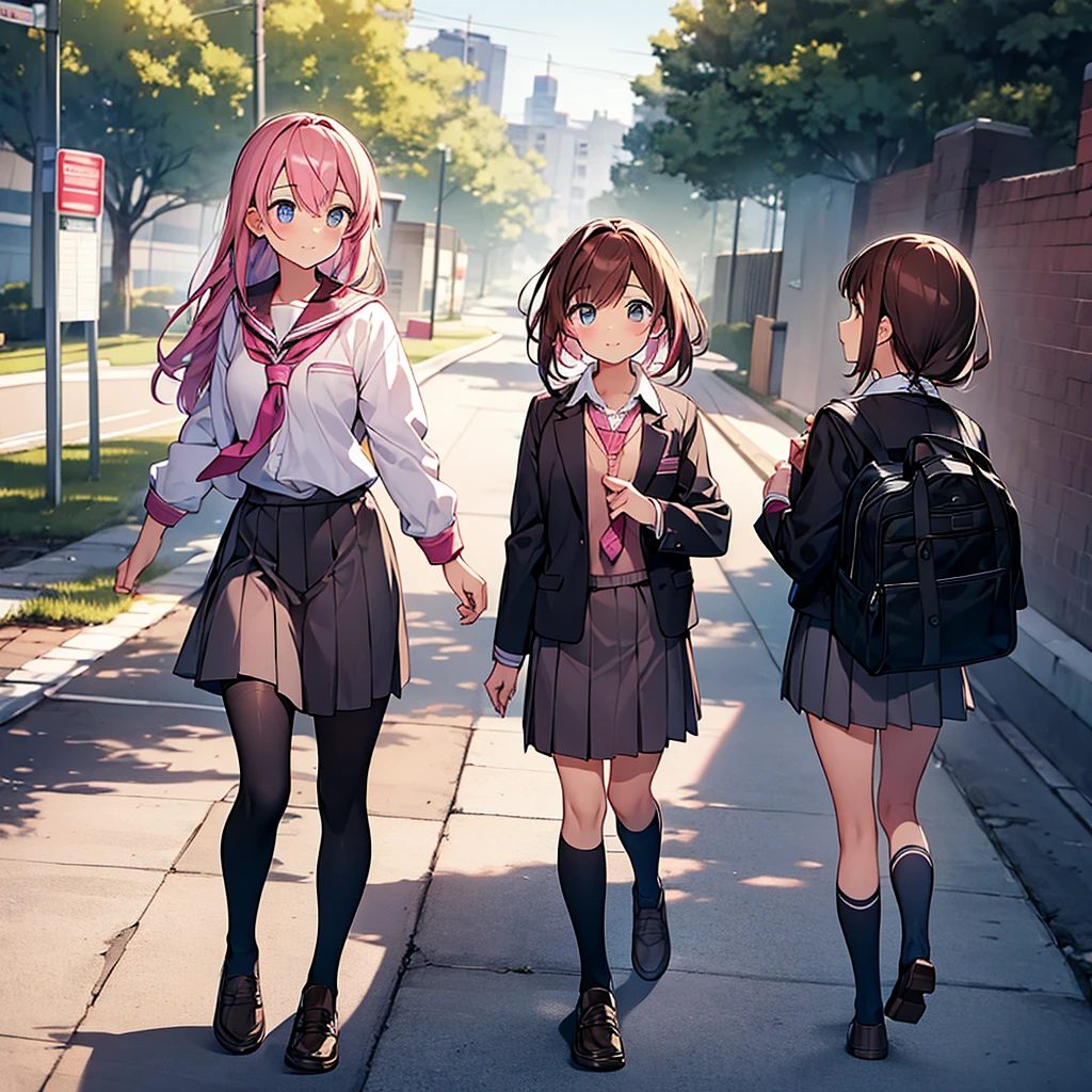 The girl has pink hair and school clothes And the girl has brown hair and school clothes walk home