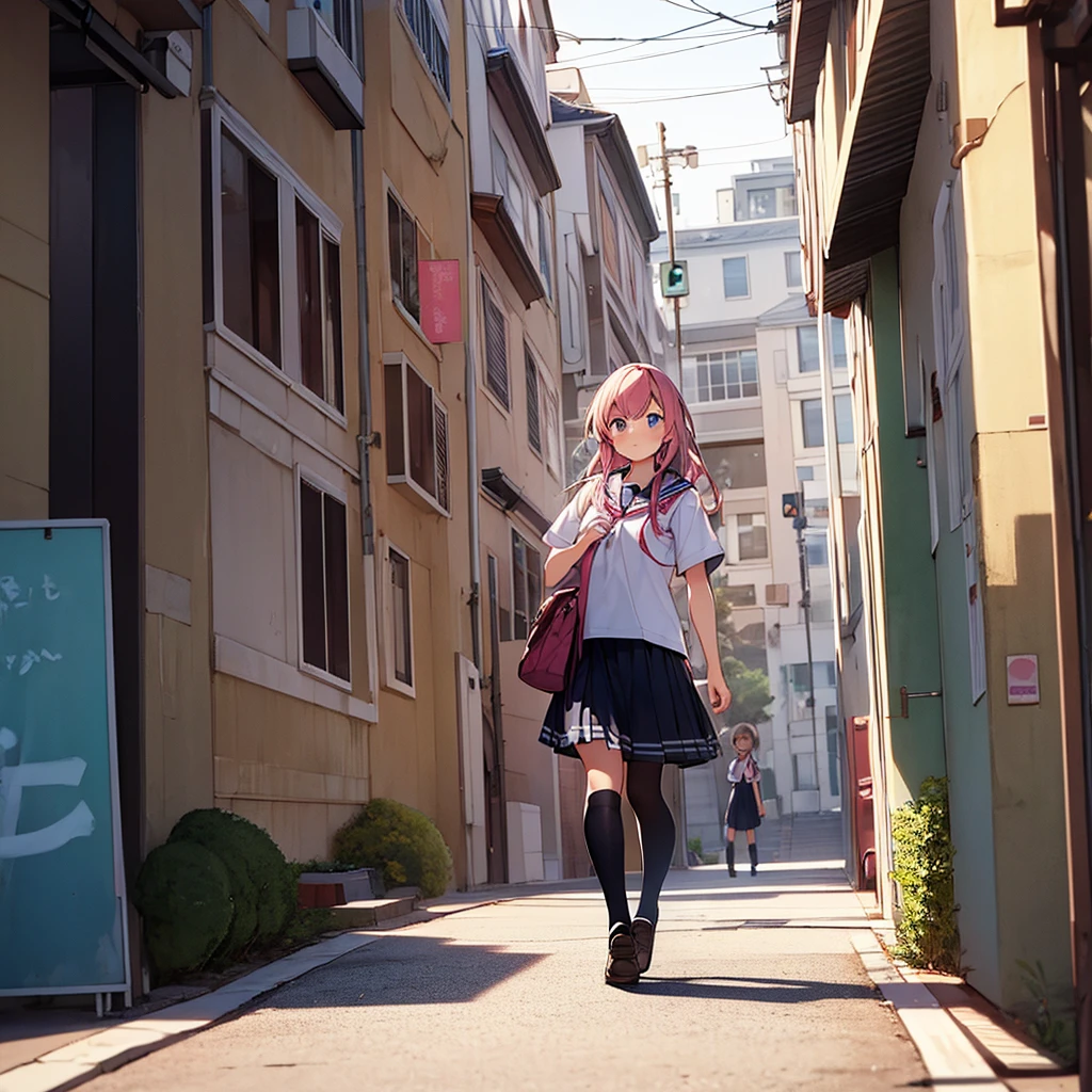 The girl has pink hair and school clothes And the girl has brown hair and school clothes walk home