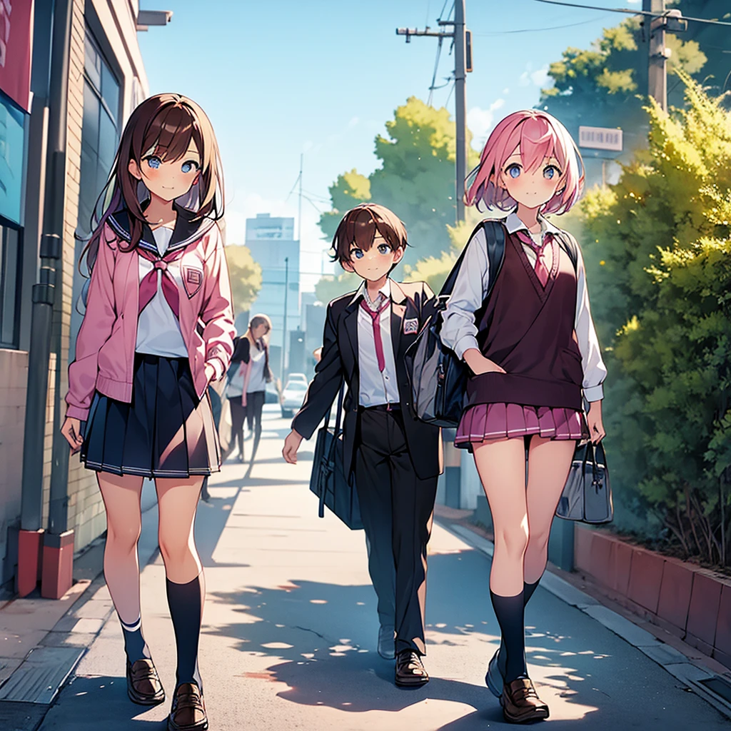 The girl has pink hair and school clothes And the girl has brown hair and school clothes walk home