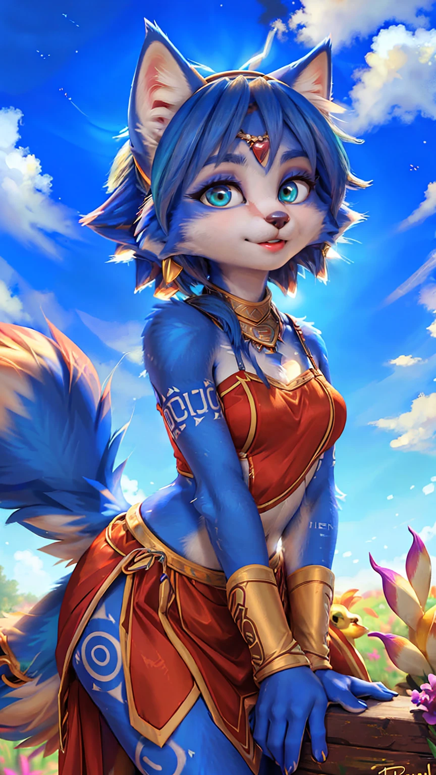 A beautiful and detailed (sweet picture) of ((Krystal)), Star Fox Krystal,  green eyes, medium breasts, (((Long blue hair 1.3))),  anthro, furry, (of Fluff-Kevlar, Bayard Wu, Personalami, Pino Daeni),  detailed fluffy fur, detailed face, (fluffy), 1 girl, alone, Haare bedecken ein Auge:1.4, (((geht über ein Feld mit hohem Gras :1.3))), (((schaut in den himmel:1.4))),