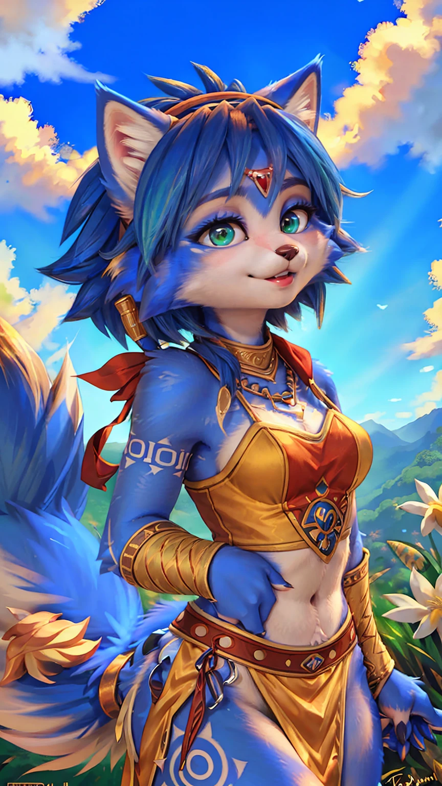 A beautiful and detailed (sweet picture) of ((Krystal)), Star Fox Krystal,  green eyes, medium breasts, (((Long blue hair 1.3))),  anthro, furry, (of Fluff-Kevlar, Bayard Wu, Personalami, Pino Daeni),  detailed fluffy fur, detailed face, (fluffy), 1 girl, alone, Haare bedecken ein Auge:1.4, (((geht über ein Feld mit hohem Gras :1.3))), (((schaut in den himmel:1.4))),