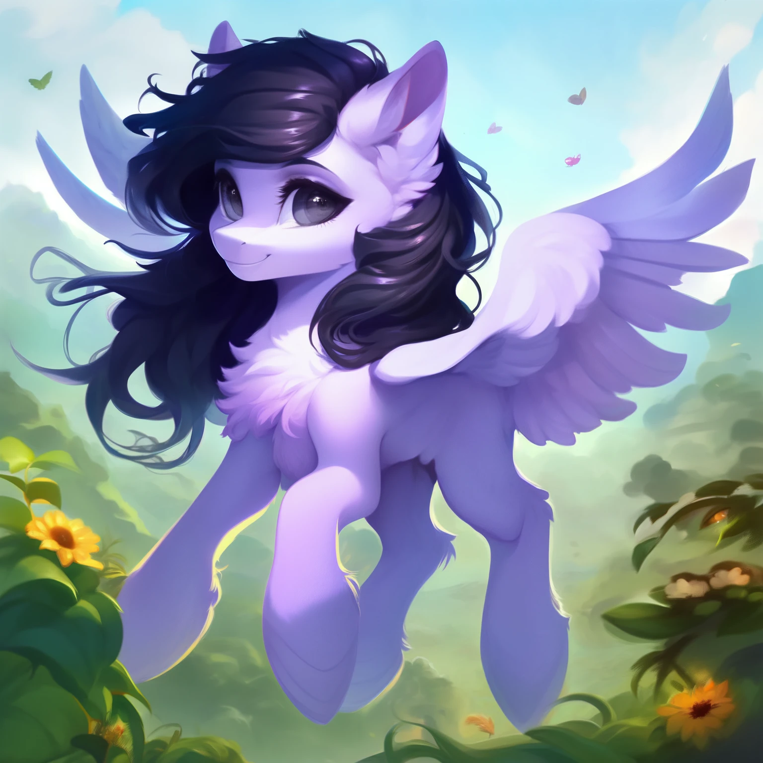 rating_safe, score_9, fluffy, feral pegasus pony, female, Light purple body, black-purple mane, disheveled hair, soft and delicate long hair, clear and proud with a hint of tenderness in grey eyes, grey eyes, smiling. dynamic。young and beautiful

