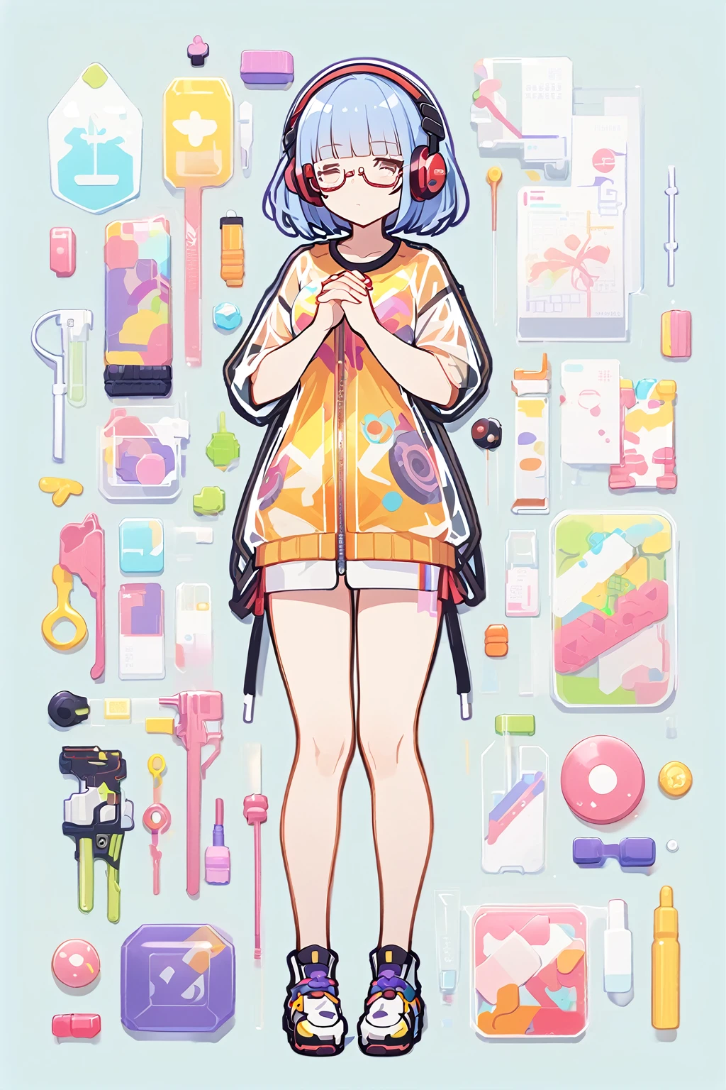 (extremely detailed fine touch:1.3), (((semi-rimless eyewear:1.3))), (headphone:1.2), short hair, blunt bangs, 1 girl, shirt, full body, own hands together, zentang plastic, Transparent clothes,