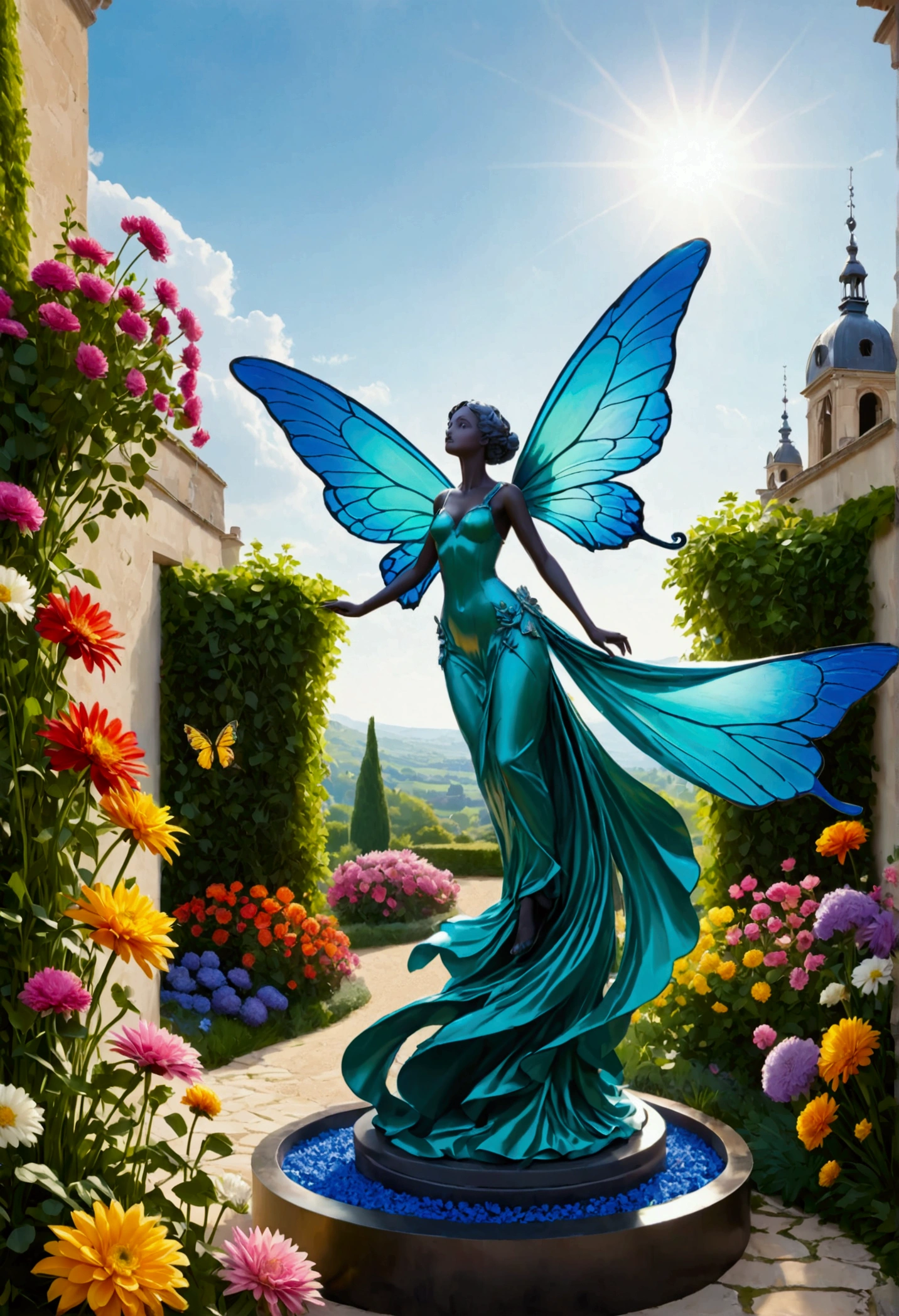 Le fond est vert-bleu,Le tout exprimé avec des bijoux, l'arrivée du printemps, diverses belles fleurs de chrysanthème
, belles papillons,angles regardant d'en bas, divers bijoux tombant du ciel, magnifique et belle vue superbe, légèrement brumeux, fantastique, Haute résolution, 8k, (meilleure qualité, haute résolution, réaliste:1.37), fleurs métalliques brillantes, pétales complexes et délicats, surfaces réfléchissantes, couleurs vives, Détails complexes, vue rapprochée, jardin surréaliste, Beauté surréaliste, ambiance de rêve, beaux-arts, plantes abstraites, sculpture métallique, textures contrastées, lueur éthérée
