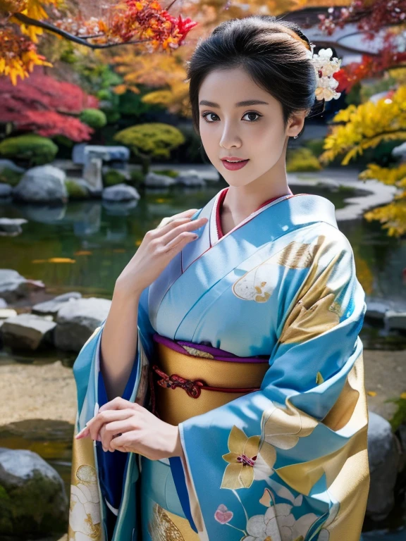 (Highest quality、 8k 、masterpiece、High resolution)、 Japanese painting、Vibrant colors、A woman wearing a kimono、Ample breasts、Hands on chest、(Highly detailed face and eyes,Beautiful Face,Beautiful Eyes,Beautiful nose,Pretty lips)、Dynamic painting technique、Japanese garden、Autumn scenery、autumn leaves、Starry Sky、Detailed Description、