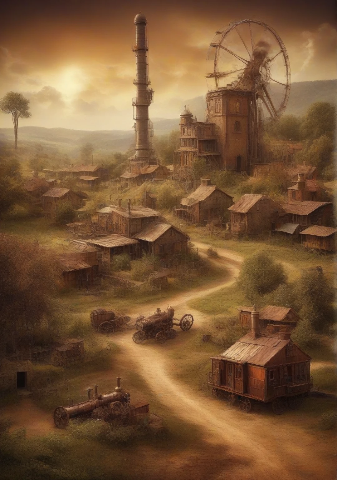 Extremely hot summer　steampunk　rural　landscape