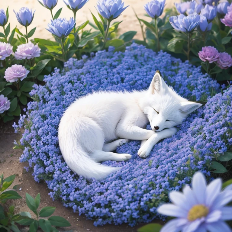 sleeping white fox in blue and pink flowers