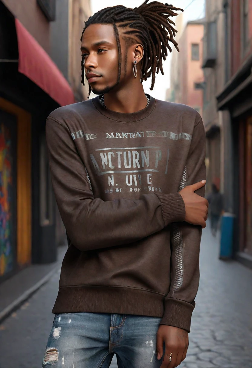 (masterpiece:1.2), (best quality), (ultra detailed), (8k, 4k, intricate),(half-body-shot:1), (highly detailed:1.2),(detailed background:1.2),((dark skin, handsome face,lips)) An man with dreadlocks wearing a dark brown sweatshirt and jeans, street clothing, casual clothing, silver earrings
