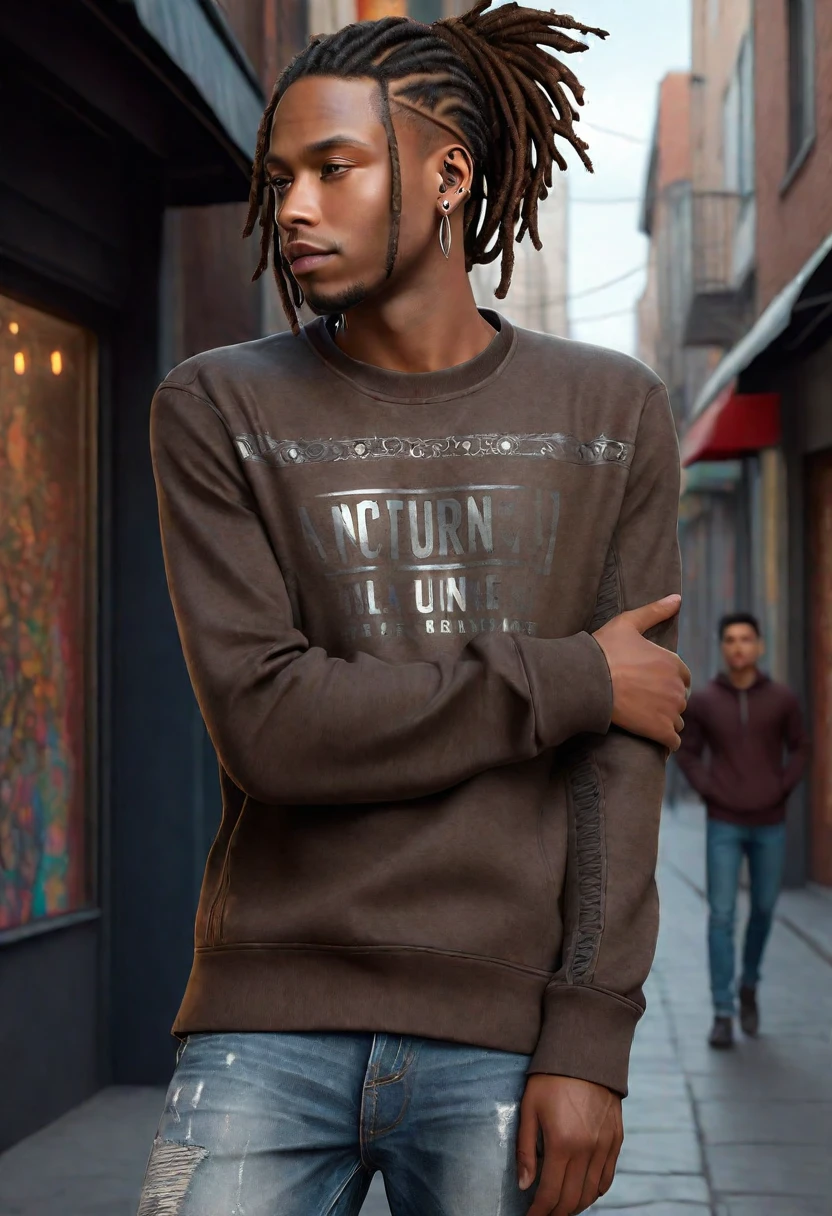 (masterpiece:1.2), (best quality), (ultra detailed), (8k, 4k, intricate),(half-body-shot:1), (highly detailed:1.2),(detailed background:1.2),((dark skin, handsome face,lips)) An man with dreadlocks wearing a dark brown sweatshirt and jeans, street clothing, casual clothing, silver earrings