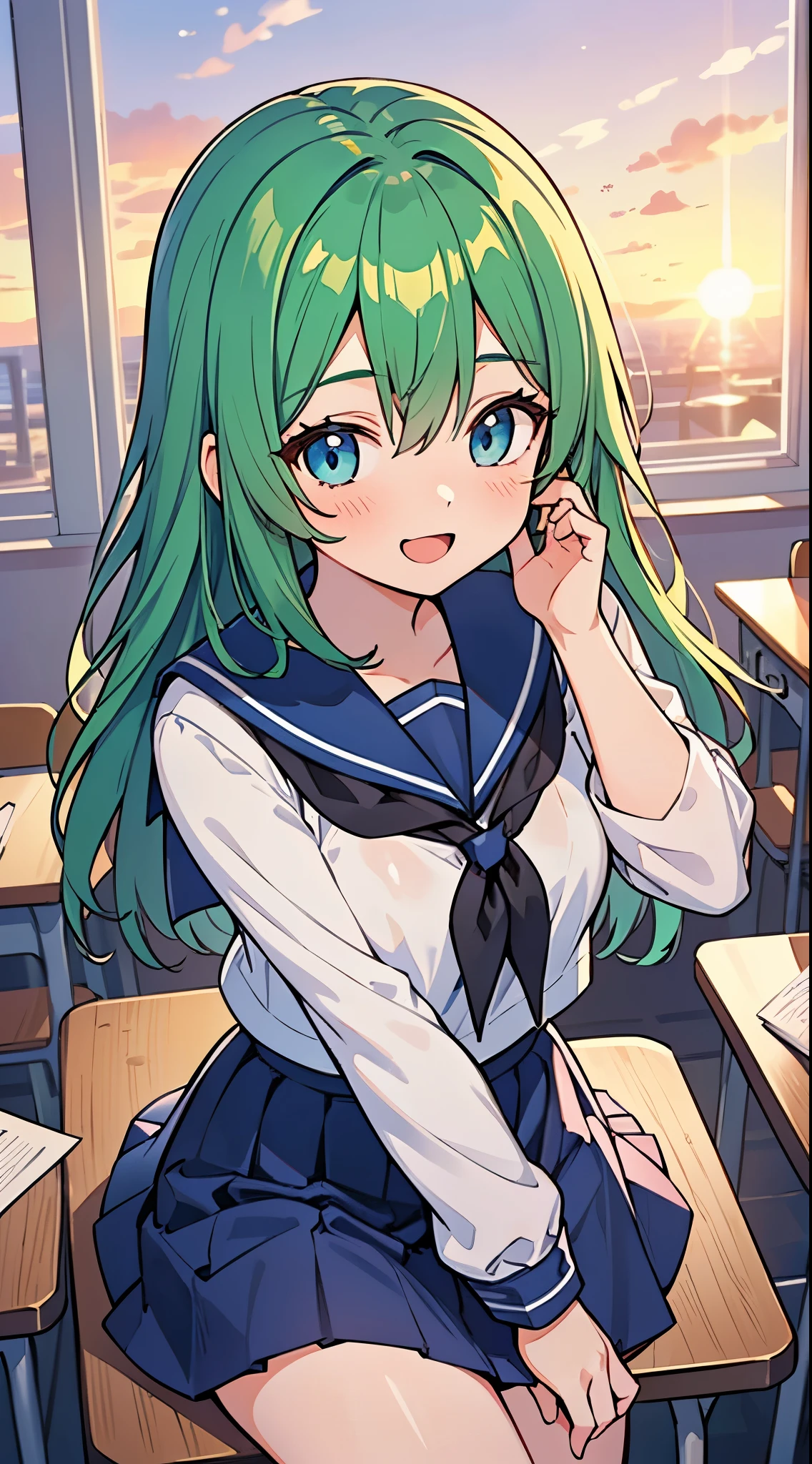 ((A pretty High School girl with green hair and blue eyes)), ((wearing a Sailor suit and a navy skirt)), baby face, ((master piece, top-quality, ultra-definition, high resolution)), anime girl, ((ultra-detailed illust:1.2)), only one person, bangs, hair between eye, beautiful hair, Beautiful eyes, shiny eyes, highlight in the eyes, ((detailed eyes:1.2)), medium breasts, sitting, thighs, Big smile, blushing, opened mouth, in the classroom, at dusk, sunset