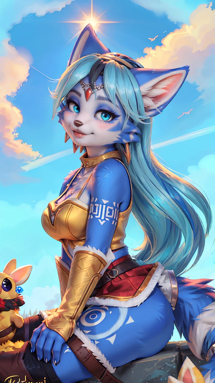 A beautiful and detailed (sweet picture) of ((Krystal)), Star Fox Krystal,  green eyes, medium breasts, (((Long blue hair 1.3))),  anthro, furry, (of Fluff-Kevlar, Bayard Wu, Personalami, Pino Daeni),  detailed fluffy fur, detailed face, (fluffy), 1 girl, alone, Haare bedecken ein Auge:1.4, (((geht über ein Feld mit hohem Gras :1.3))), (((schaut in den himmel:1.4))),